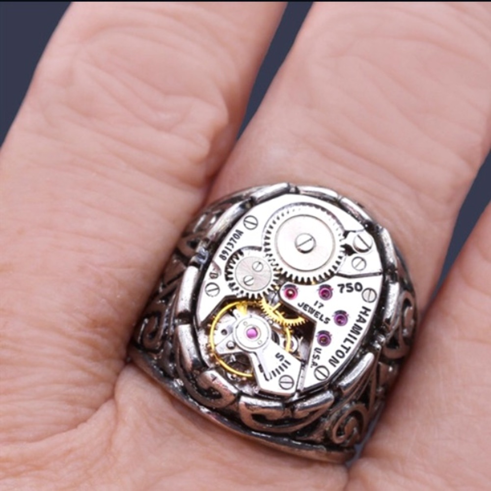 Steampunk watchgear ruby gems ring size 10